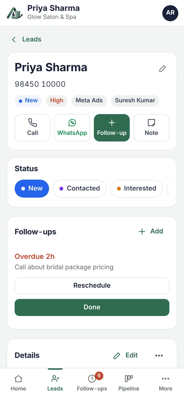 A lead's page with call, WhatsApp, follow-up and note buttons