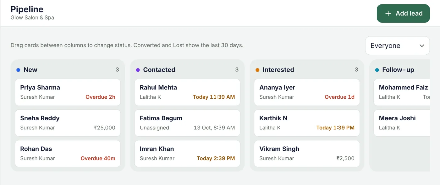 Pipeline board with leads in New, Contacted, Interested and Follow-up columns