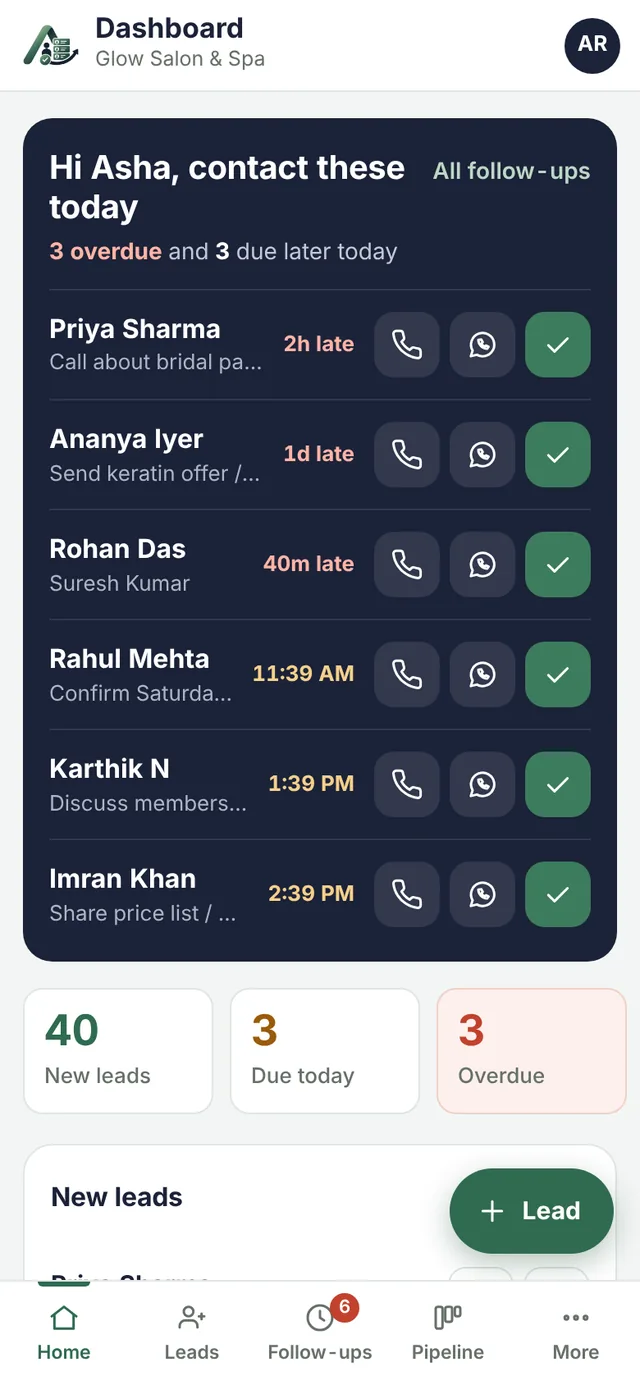 AnazlaLM home screen listing today's follow-ups, with overdue calls at the top and call, WhatsApp and done buttons on each